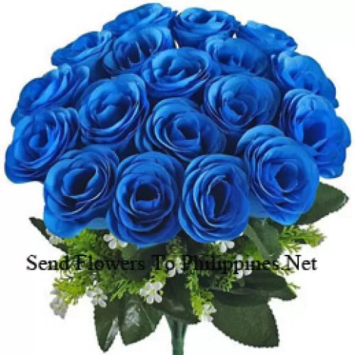 A Beautiful Bunch Of 18 Blue Roses With Seasonal Fillers