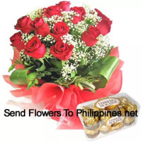 Mazzo di 12 rose rosse con fiori di stagione insieme a 16 scatole di Ferrero Rocher