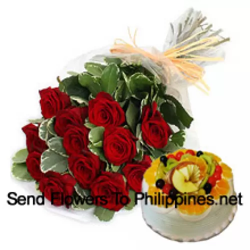Bunch Of 12 Red Roses With Seasonal Fillers Along With 1 Lb. (1/2 Kg Fruit Cake) (Please note that cake delivery is only available for Metro Manila Region. Any cake delivery orders outside Metro Manila will be substituted with Chocolate Brownie Cake without cream or the recipient shall be offered a Red Ribbon Voucher enough to buy the same cake)