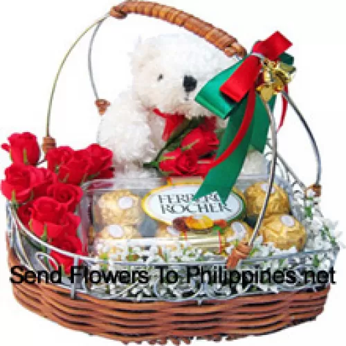 A Beautiful Basket Made Up Of Roses, 16 Pcs Ferrero Rochers And A Cute White Teddy Bear