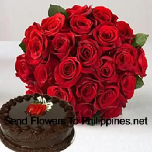 Bunch Of 24 Red Roses With Seasonal Fillers Along With 1 Lb. (1/2 Kg) Chocolate Truffle Cake (Please note that cake delivery is only available for Metro Manila Region. Any cake delivery orders outside Metro Manila will be substituted with Chocolate Brownie Cake without cream or the recipient shall be offered a Red Ribbon Voucher enough to buy the same cake)