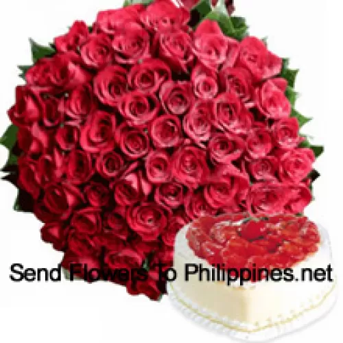 Bunch Of 100 Red Roses With Seasonal Fillers Along With 1 Kg Heart Shaped Vanilla Cake (Please note that cake delivery is only available for Metro Manila Region. Any cake delivery orders outside Metro Manila will be substituted with Chocolate Brownie Cake without cream or the recipient shall be offered a Red Ribbon Voucher enough to buy the same cake)