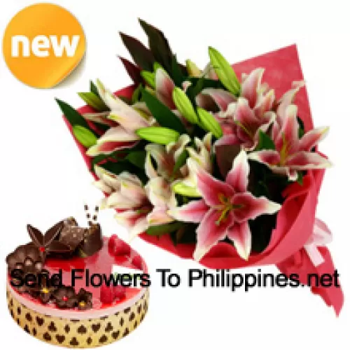 A Beautiful Hand Bunch Of Pink Lilies And 1 Kg Strawberry Cake (Please note that cake delivery is only available for Metro Manila Region. Any cake delivery orders outside Metro Manila will be substituted with Chocolate Brownie Cake without cream or the recipient shall be offered a Red Ribbon Voucher enough to buy the same cake)