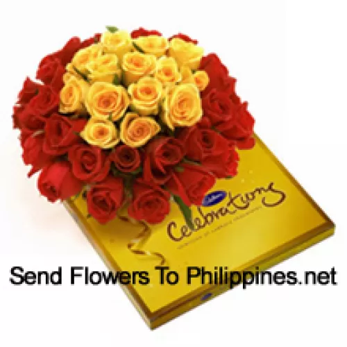 Bunch Of 24 Red And 12 Yellow Roses With Seasonal Fillers Along With A Beautiful Box Of Cadbury Chocolates