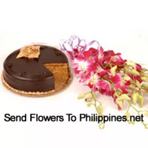 A Beautiful Bunch Of Pink Orchids And 1 Lb. Chocolate Cake (Please note that cake delivery is only available for Metro Manila Region. Any cake delivery orders outside Metro Manila will be substituted with Chocolate Brownie Cake without cream or the recipient shall be offered a Red Ribbon Voucher enough to buy the same cake)