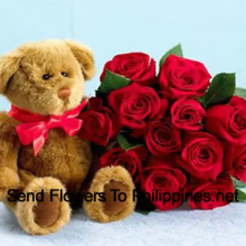 Bunch Of 12 Red Roses With Seasonal Fillers And A Cute Brown Teddy Bear