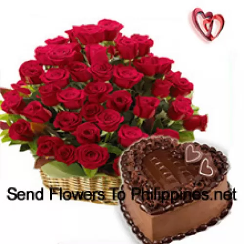 A Beautiful Arrangement Of 50 Red Roses Along With 1 Kg Heart Shaped Chocolate Cake (Please note that cake delivery is only available for Metro Manila Region. Any cake delivery orders outside Metro Manila will be substituted with Chocolate Brownie Cake without cream or the recipient shall be offered a Red Ribbon Voucher enough to buy the same cake)