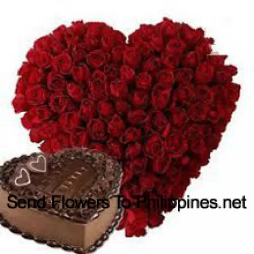 Heart Shaped Arrangement Of 100 Red Roses Along With 1 Kg Heart Shaped Chocolate Cake (Please note that cake delivery is only available for Metro Manila Region. Any cake delivery orders outside Metro Manila will be substituted with Chocolate Brownie Cake without cream or the recipient shall be offered a Red Ribbon Voucher enough to buy the same cake) (Please note that cake delivery is only available for Metro Manila Region. Any cake delivery orders outside Metro Manila will be substituted with Chocolate Brownie Cake without cream or the recipient shall be offered a Red Ribbon Voucher enough to buy the same cake)