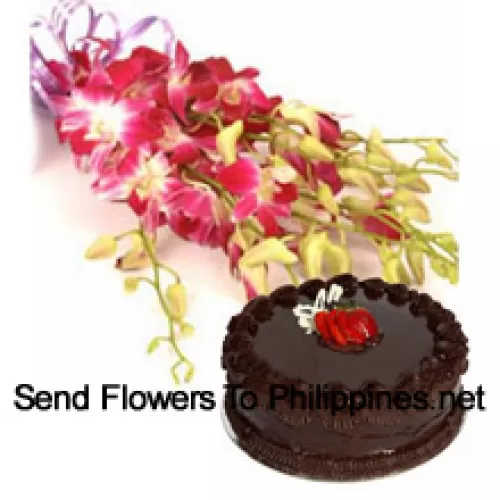 Bunch Of Pink Orchids With Seasonal Fillers Along With 1 Lb. (1/2 Kg) Chocolate Truffle Cake (Please note that cake delivery is only available for Metro Manila Region. Any cake delivery orders outside Metro Manila will be substituted with Chocolate Brownie Cake without cream or the recipient shall be offered a Red Ribbon Voucher enough to buy the same cake)