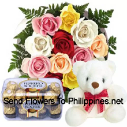 Bunch Of 12 Red Roses With Seasonal Fillers, A Cute 12 Inches Tall White Teddy Bear And A Box Of 16 Pcs Ferrero Rochers