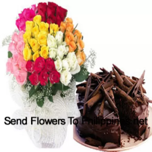Bunch Of 15, Orange, 15 White, 15 Yellow, 15 Red, 15 Light Pink And 15 Dark Pink Roses With Seasonal Fillers Accompanied With A 1 Kg Chocolate Cake (Please note that cake delivery is only available for Metro Manila Region. Any cake delivery orders outside Metro Manila will be substituted with Chocolate Brownie Cake without cream or the recipient shall be offered a Red Ribbon Voucher enough to buy the same cake)