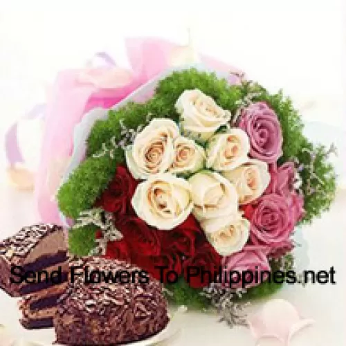 Bunch Of 8 Pink, 8 White And 8 Red Roses With Seasonal Fillers Accompanied With A 1 Lb. (1/2 Kg) Black Forest Cake (Please note that cake delivery is only available for Metro Manila Region. Any cake delivery orders outside Metro Manila will be substituted with Chocolate Brownie Cake without cream or the recipient shall be offered a Red Ribbon Voucher enough to buy the same cake)