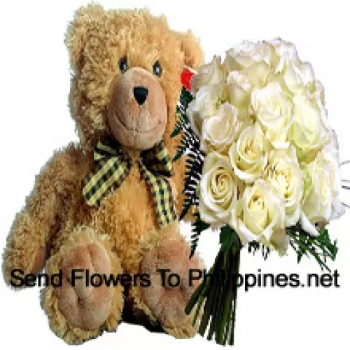 Bunch Of 18 White Roses With Seasonal Fillers Along With A Cute 14 Inches Tall Brown Teddy Bear
