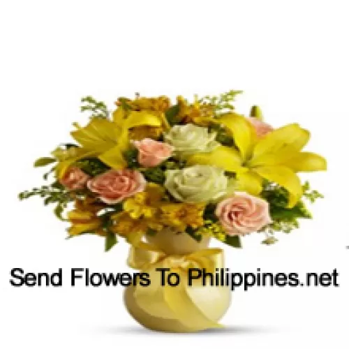Orange Roses, White Roses, Yellow Gerberas And Yellow Tulips With Some Ferns In A Glass Vase - Please Note That In Case Of Non-Availability Of Certain Seasonal Flowers The Same Will Be Substituted With Other Flowers Of Same Value