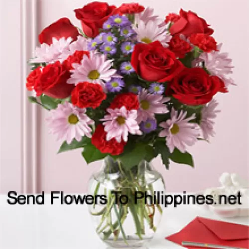 Red Roses, Red Carnations And Pink Gerberas With Seasonal Fillers In A Glass Vase -- 24 Stems And Fillers