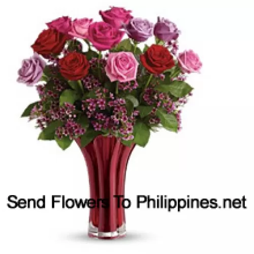 12 Mixed Colored Roses With Some Ferns in A Vase