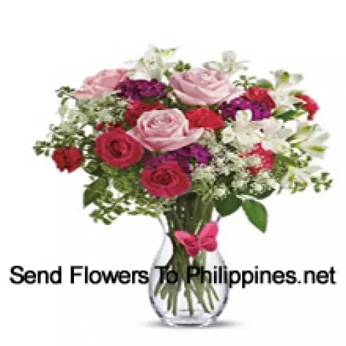 Red Roses, Pink Roses, Red Carnations And Other Assorted Flowers With Fillers In A Glass Vase -- 24 Stems And Fillers