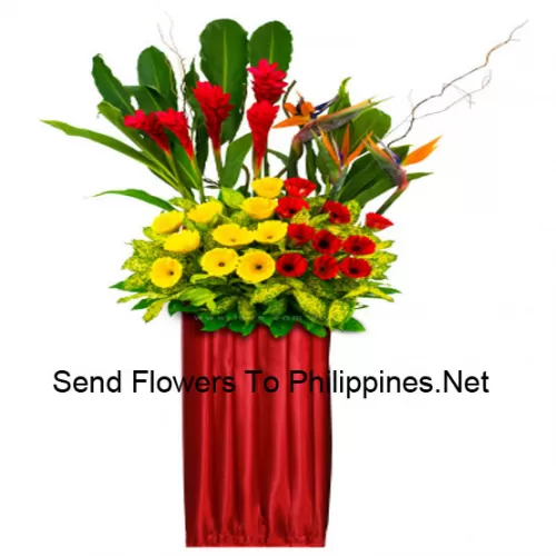 A Tall Congratulatory Stand Made Of Red Gerberas, Yellow Gerberas, Other Exotic Flowers With Ferns And Fillers