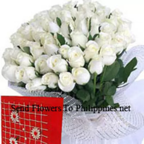 Cesta de 100 rosas blancas con una tarjeta de felicitación gratuita