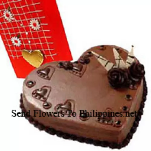 1 Kg (2.2 Lbs) Heart Shaped Chocolate Cake Along With A Free Love Greeting Card (Please note that cake delivery is only available for Metro Manila Region. Any cake delivery orders outside Metro Manila will be substituted with Chocolate Brownie Cake without cream or the recipient shall be offered a Red Ribbon Voucher enough to buy the same cake)