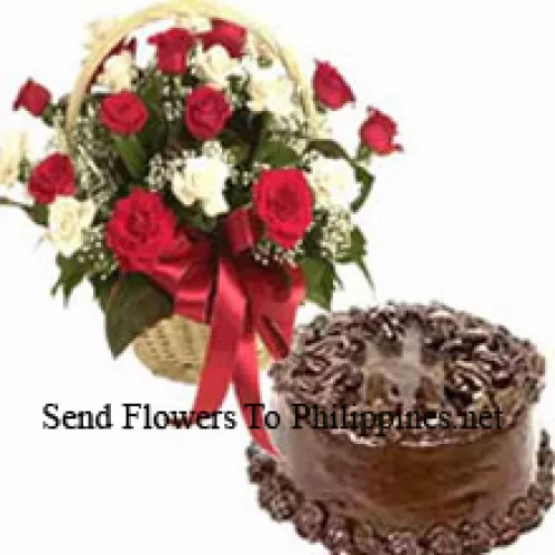 Basket Of 24 Mixed Colored Roses And A 1 Kg (2.2 Lbs) Chocolate Cake (Please note that cake delivery is only available for Metro Manila Region. Any cake delivery orders outside Metro Manila will be substituted with Chocolate Brownie Cake without cream or the recipient shall be offered a Red Ribbon Voucher enough to buy the same cake)