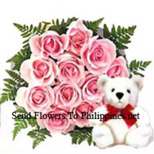 Bunch Of 12 Pink Roses With A Cute Teddy Bear