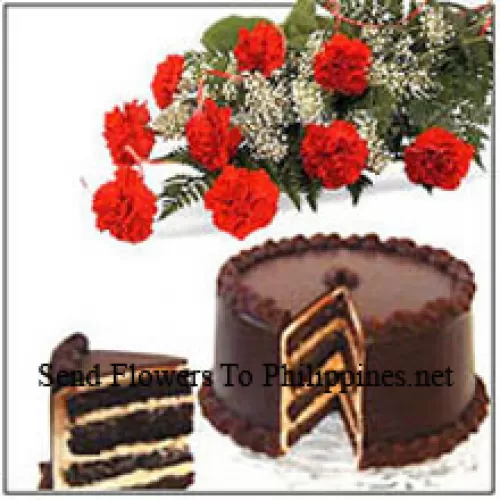 Bunch Of 12 Carnations With Seasonal Fillers and 1 Kg (2.2 Lbs) Chocolate Cake (Please note that cake delivery is only available for Metro Manila Region. Any cake delivery orders outside Metro Manila will be substituted with Chocolate Brownie Cake without cream or the recipient shall be offered a Red Ribbon Voucher enough to buy the same cake)