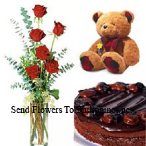 6 Red Roses In A Vase With 1/2 Kg (1.1 Lbs) Chocolate Cake and a Medium Sized Cute Teddy Bear (Please note that cake delivery is only available for Metro Manila Region. Any cake delivery orders outside Metro Manila will be substituted with Chocolate Brownie Cake without cream or the recipient shall be offered a Red Ribbon Voucher enough to buy the same cake)