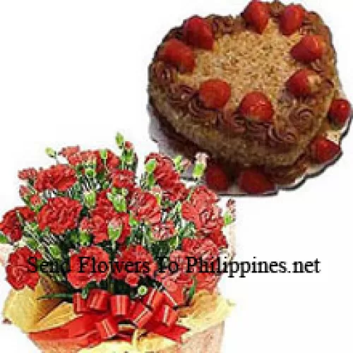 Bunch Of 24 Carnations Wtith Seasonal Fillers And A 1 Kg (2.2 Lbs) Heart Shaped Butter Scotch Cake (Please note that cake delivery is only available for Metro Manila Region. Any cake delivery orders outside Metro Manila will be substituted with Chocolate Brownie Cake without cream or the recipient shall be offered a Red Ribbon Voucher enough to buy the same cake)