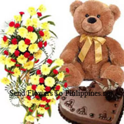 A 3 Feet Tall Arrangement Of Assorted Flowers, 1 Kg Heart Shaped Chocolate Cake And A 2 Feet Tall Teddy Bear (Please note that cake delivery is only available for Metro Manila Region. Any cake delivery orders outside Metro Manila will be substituted with Chocolate Brownie Cake without cream or the recipient shall be offered a Red Ribbon Voucher enough to buy the same cake)