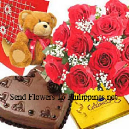 Bunch Of 12 Red Roses, Small Cute Teddy Bear, A Box Of Cadbury's Celebration Pack And 1 Kg Heart Shaped Chocolate Cake With A Free Greeting Card (Please note that cake delivery is only available for Metro Manila Region. Any cake delivery orders outside Metro Manila will be substituted with Chocolate Brownie Cake without cream or the recipient shall be offered a Red Ribbon Voucher enough to buy the same cake)