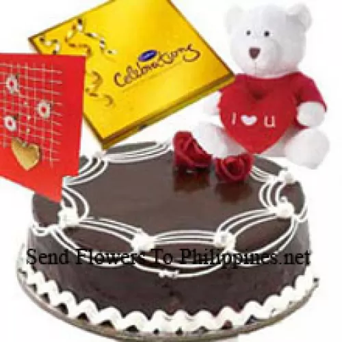 1 Kg Truffle Cake, A Box Of Cadbury's Celebration Pack, I Love You Teddy Bear And A Free Greeting Card (Please note that cake delivery is only available for Metro Manila Region. Any cake delivery orders outside Metro Manila will be substituted with Chocolate Brownie Cake without cream or the recipient shall be offered a Red Ribbon Voucher enough to buy the same cake)