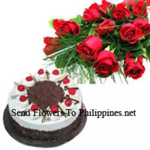 Bunch Of 12 Red Roses With 1 Kg Black Forest Cake (Please note that cake delivery is only available for Metro Manila Region. Any cake delivery orders outside Metro Manila will be substituted with Chocolate Brownie Cake without cream or the recipient shall be offered a Red Ribbon Voucher enough to buy the same cake)