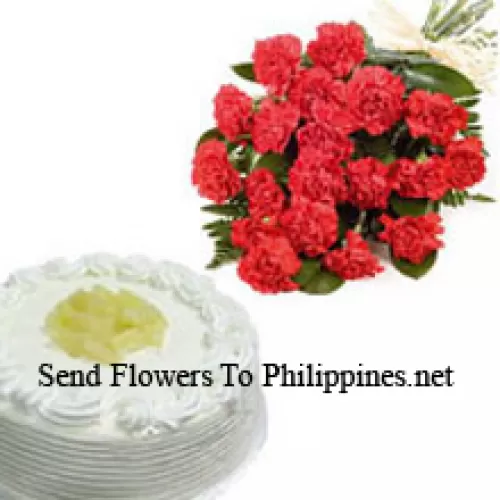 Bunch Of 12 Carnations With 1 Kg Pineapple Cake (Please note that cake delivery is only available for Metro Manila Region. Any cake delivery orders outside Metro Manila will be substituted with Chocolate Brownie Cake without cream or the recipient shall be offered a Red Ribbon Voucher enough to buy the same cake)