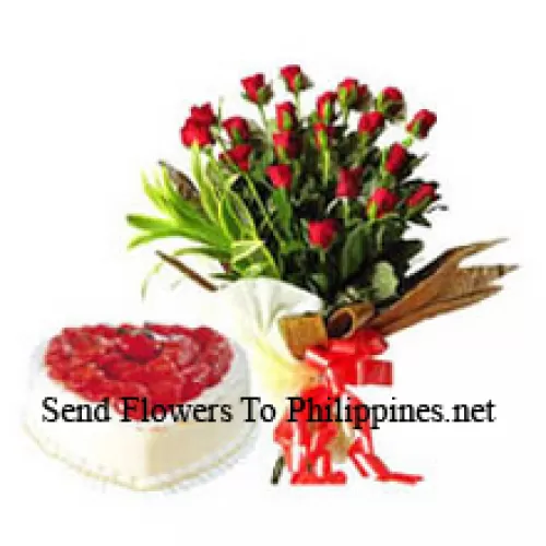 Bunch Of 24 Red Roses With 1 Kg Heart Shaped Pineapple Cake (Please note that cake delivery is only available for Metro Manila Region. Any cake delivery orders outside Metro Manila will be substituted with Chocolate Brownie Cake without cream or the recipient shall be offered a Red Ribbon Voucher enough to buy the same cake)
