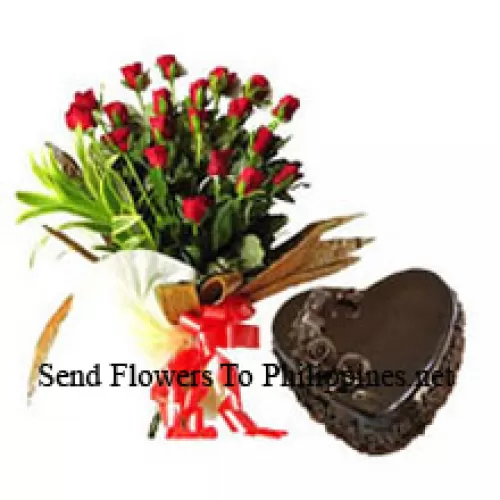 Bunch Of 24 Red Roses With 1 Kg Heart Shaped Chocolate Cake (Please note that cake delivery is only available for Metro Manila Region. Any cake delivery orders outside Metro Manila will be substituted with Chocolate Brownie Cake without cream or the recipient shall be offered a Red Ribbon Voucher enough to buy the same cake)
