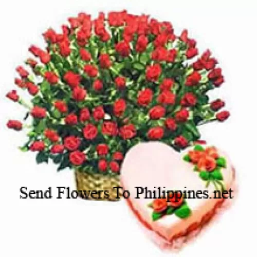 Basket Of 200 Red Roses With 1 Kg Heart Shaped Strawberry Cake (Please note that cake delivery is only available for Metro Manila Region. Any cake delivery orders outside Metro Manila will be substituted with Chocolate Brownie Cake without cream or the recipient shall be offered a Red Ribbon Voucher enough to buy the same cake)