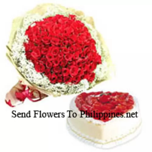 Bunch Of 100 Red Roses With Seasonal Fillers And 1 Kg Heart Shaped Pineapple Cake (Please note that cake delivery is only available for Metro Manila Region. Any cake delivery orders outside Metro Manila will be substituted with Chocolate Brownie Cake without cream or the recipient shall be offered a Red Ribbon Voucher enough to buy the same cake)