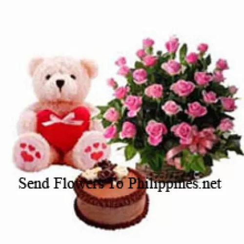 Basket Of 24 Pink Roses, 1.5 Feet Teddy Bear And 1 Kg Chocolate Truffle Cake (Please note that cake delivery is only available for Metro Manila Region. Any cake delivery orders outside Metro Manila will be substituted with Chocolate Brownie Cake without cream or the recipient shall be offered a Red Ribbon Voucher enough to buy the same cake)