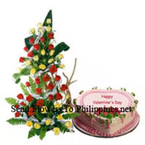 Tall Arrangement Of 100 Red Roses Along With A 1 Kg Heart Shaped Strawberry Cake (Please note that cake delivery is only available for Metro Manila Region. Any cake delivery orders outside Metro Manila will be substituted with Chocolate Brownie Cake without cream or the recipient shall be offered a Red Ribbon Voucher enough to buy the same cake)