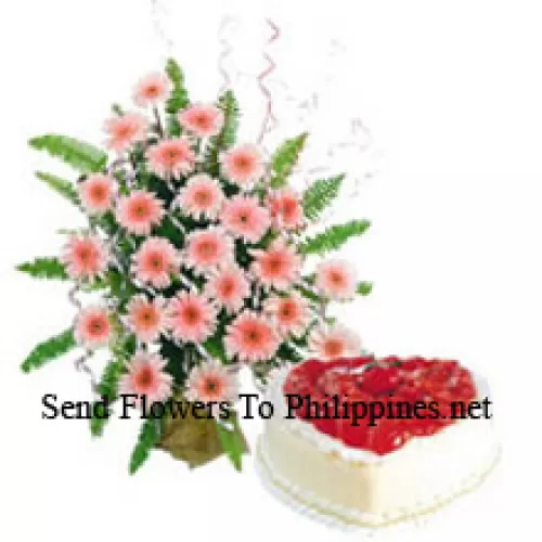 Basket Of 24 Pink Colored Gerberas Along With A 1 Kg Heart Shaped Vanilla Cake (Please note that cake delivery is only available for Metro Manila Region. Any cake delivery orders outside Metro Manila will be substituted with Chocolate Brownie Cake without cream or the recipient shall be offered a Red Ribbon Voucher enough to buy the same cake)