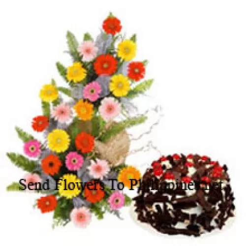 Basket Of 25 Mixed Colored Gerberas Along With 1 Kg Chocolate Crisp Cake (Please note that cake delivery is only available for Metro Manila Region. Any cake delivery orders outside Metro Manila will be substituted with Chocolate Brownie Cake without cream or the recipient shall be offered a Red Ribbon Voucher enough to buy the same cake)