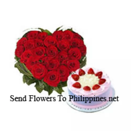 Heart Shaped Arrangement Of 40 Red Roses Along With A 1/2 Kg Strawberry Cake (Please note that cake delivery is only available for Metro Manila Region. Any cake delivery orders outside Metro Manila will be substituted with Chocolate Brownie Cake without cream or the recipient shall be offered a Red Ribbon Voucher enough to buy the same cake)