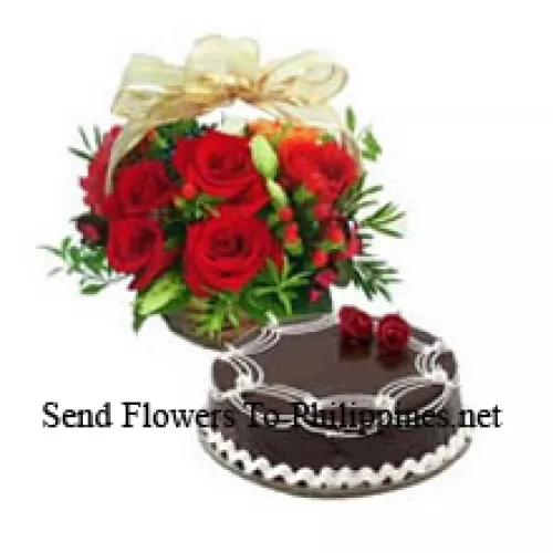 Basket Of 12 Red Roses With 1 Kg Chocolate Truffle Cake (Please note that cake delivery is only available for Metro Manila Region. Any cake delivery orders outside Metro Manila will be substituted with Chocolate Brownie Cake without cream or the recipient shall be offered a Red Ribbon Voucher enough to buy the same cake)
