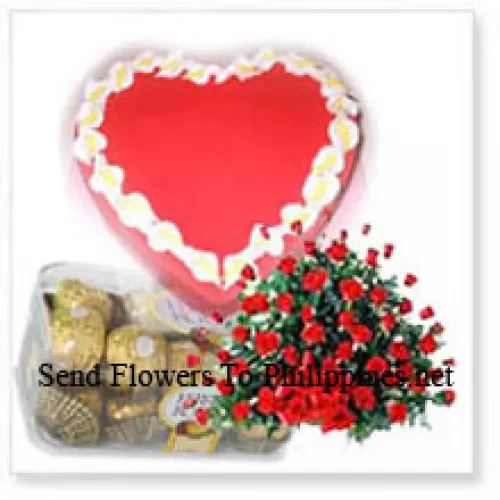 Panier de 100 roses rouges avec 16 pièces de Ferrero Rocher et un gâteau aux fraises de 1 kg (2,2 livres)