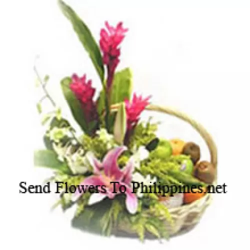 Basket Of 5 Kg (11 Lbs) Assorted Fresh Fruit Basket With Assorted Flowers