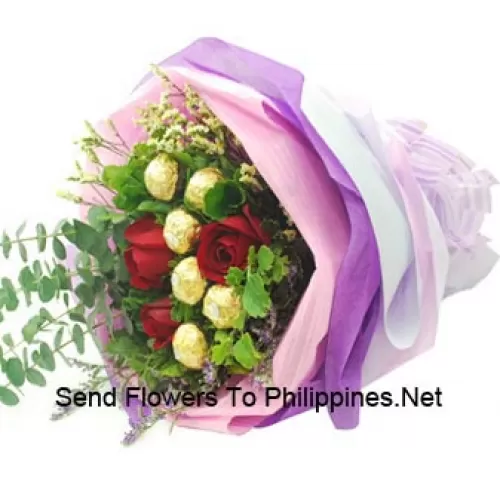 This bouquet is beautifully wrapped with 6 Red Roses And 6 delicious Italian made chocolate Ferrero Rocher which has pistachio, crunchy titbits almond and whole pistachios in it
