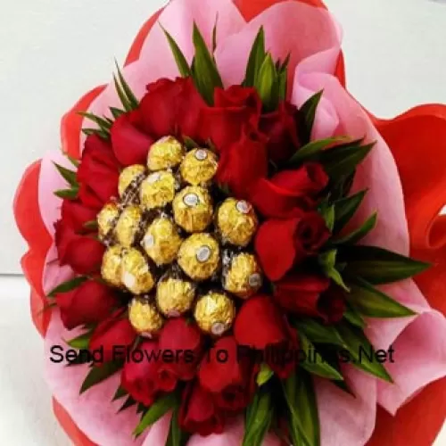 This bouquet is beautifully wrapped with 24 Red Roses And 16 delicious Italian made chocolate Ferrero Rocher which has pistachio, crunchy titbits almond and whole pistachios in it