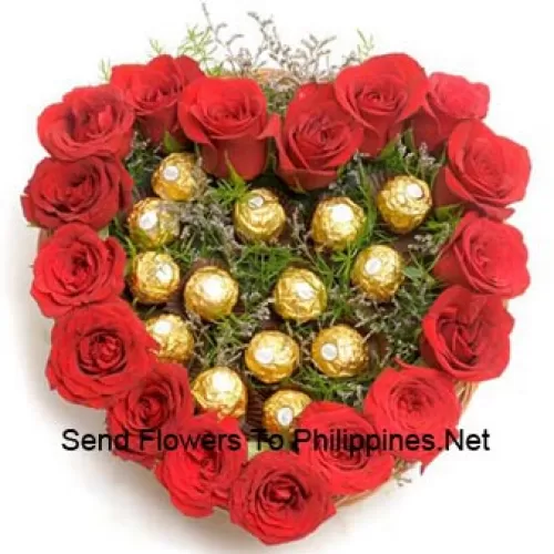 A Beautiful Heart Shaped Arrangement Of  18 Red Roses And 16 delicious Italian made chocolate Ferrero Rochers.