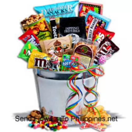 The ultimate junk food gift basket, inside there is a massive collection of snacks including caramelized almonds and popcorn, pretzels, chocolate chip cookies, kettle chips, trail mix, chocolate caramel bites, along with classics like Twizzlers, Tootsie Rolls, Blo Pops, Jelly Beans, Skittles, Smarties, and Nerds etc!  (Please Note That We Reserve The Right To Substitute Any Product With A Suitable Product Of Equal Value In Case Of Non-Availability Of A Certain Product)